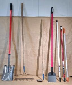 (7) Lawn & Garden Hand Tools, (1) Flat Shovel. (1) Hard Rake, (1) Flat Hoe, (1) Scraper & (3) Extension Poles
