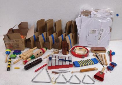 (10+) Kinder Musik Musical Equipment, (4) DIY Cardboard 2-Teir Shelf w/ Side Pocket, (5) Bundles of 20- 6"x 7"x 4" Gift to-go Boxes & Much More!!
