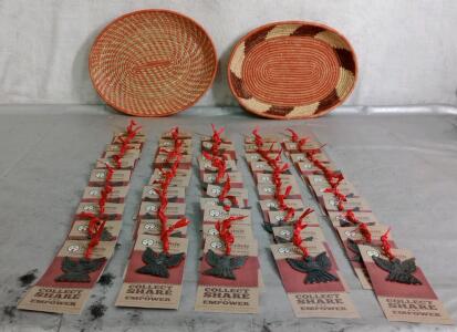 (2) Hand Woven Baskets W/ (50) Handmade Metal Ornaments