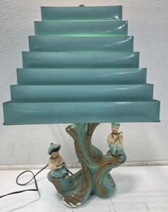 Vintage Turquoise Table Lamp with Tiered Metal Shade and Figurine Base