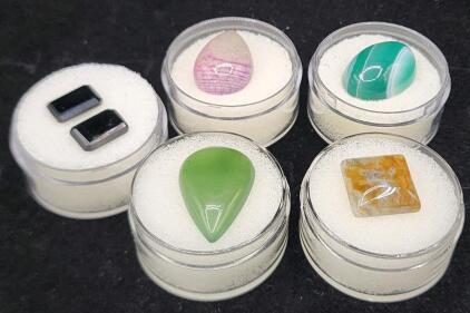(5) Different Gemstone Cabochons In Gem Jars