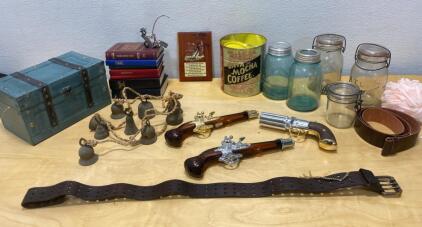 Brass Bells / Pistol Cologne Bottles/ Leather Belt / Jars and so Much More