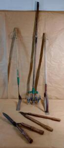 (1) Pair Of Vintage Wood Handled Hedge Trimmers, (1) Pair Of Vintage Wood Handled Limb Loppers & (3) Hand Weedeers