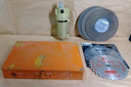 (1) C.A.NORGREN Micro Fog Lubricator L17-626-MPDA, (1) Metal Small Part Organizer, (2) 10" Circular Saw Blades & (3) 12" Circular Metal Cutting Blades