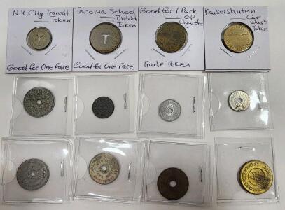 (1) N.Y. City Transit Token Good For One Fare Coin (1) Tacoma School District Token Good For One Fare Coin (1) Good For One Pack Of Cigarette Trade Token (1) Kaiserslqutern Car Wash Token And More Assorted Tokens
