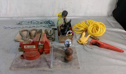 (1) Small Bench Vise, (2) Hitch Balls, 2" & 1-7/8&ldquo; & Assorted Hand Tools