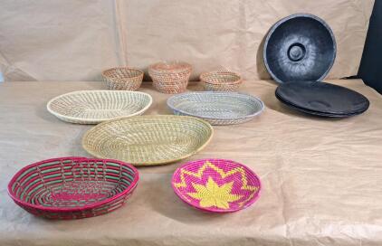 (8) Assorted Hand Woven Decorative Baskets & (5) Metal Bowls