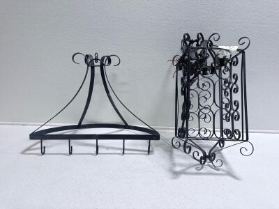 Wrought Iron Hanging Pot Rack & Chandelier Frame, Black Scroll Design