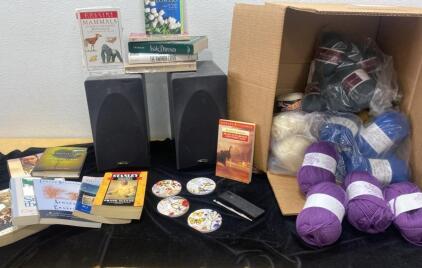 Box of Unused Yarn - (2)Mirage Speakers 13x7- Unable to Test - New Coasters- Books