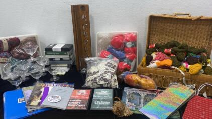 Landmines and Yarn - Basket Full of Yarn -Buttons - Nice Sipping Glasses - Landmine Awareness VHSs and Books