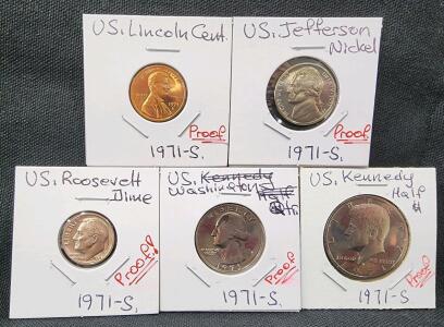 (1) 1971-S U.S. Lincoln Cent Coin (1) 1971-S U.S. Jefferson Nickle Coin (1) 1971-S U.S. Roosevelt Dime Coin (1) 1971-S U.S. Washington Quarter Coin (1) 1971-S U.S. Kennedy Half Dollar Coin