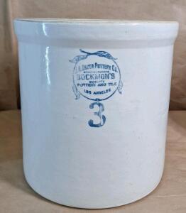 (1) J.A. Bauer Pottery Co. 3-Gallon Stoneware Crock W/ A Blue Bockman's Quality Pottery & Tile Stamp.