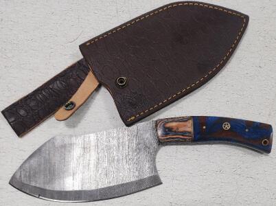 (1) Fixed Blade Damascus Steel Cleaver Knife With Wood And Resin Handle And Sheath