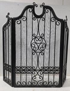 (1) Black Wrought Iron Three-Part Fireplace Screen with Ornate Scroll Work Design 41" T x 44" W