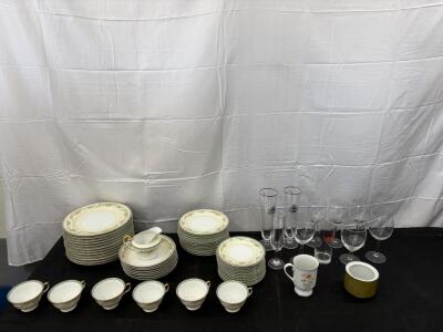 Elegant Porcelain Dinnerware Set, Floral Gold Trim, 36 Pieces, Glassware Included