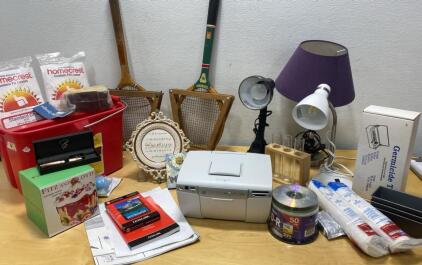 (2) Vintage Tennis Rackets - Lexmark Printer (powers on) (3) Lamps - and so Much More