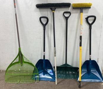 (3) Snow Shovels- (2) Brooms- (1) Rake