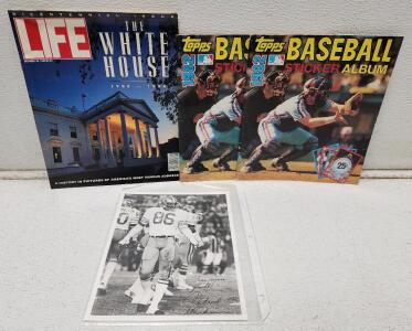 (1) LIFE Magazine Bicentennial Issue: The White House 1792-1992 (2) Vintage 1982 Topps Baseball Sticker Album (1) 1980s Black And White 86 Cedrick Hardman Autographed Photo