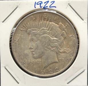 1922 Peace Dollar Coin, United States, 90% Silver, No Mint Mark