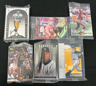 Unopened Factory Sets Football, Baseball, And Basketball (Crash The Game, Then And Now, Studio, & Classic) visible players include: Montana, Marino, Jeter, Bagwell, Grant, Etc.