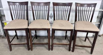 Set of 4 Traditional Bar Stools, Wood Frame, Fabric Seat, Slat Back Design