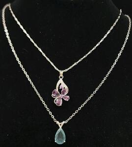 (1) Aquamarine Teardrop Necklace (1) Natural Purple Amethyst Gemstone Flower Necklace