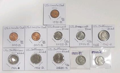 (1) 1970-D BU U.S. Lincoln Penny Coin (2) 2017-D BU U.S. Lincoln Penny Coins (1) 2022-D Uncirculated U.S. Roosevelt Dime Coin (1) 2024-D Uncirculated U.S Roosevelt Dime Coin (1) 1940-P U.S. Jefferson Nickle Coin (1) 1964-D U.S. Jefferson Nickle Coin (1) 1