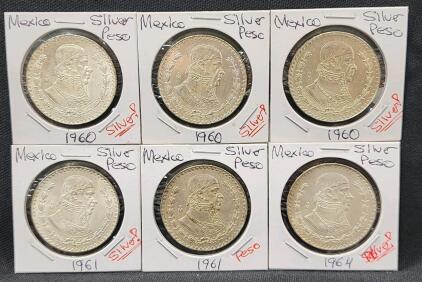 (3) 1960 Mexico Silver Peso (2) 1961 Mexico Silver Peso (1) 1964 Mexico Silver Peso