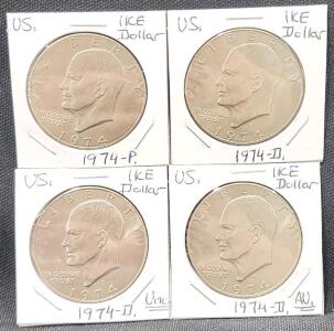 (1) 1974-P U.S. Eisenhower Dollar Coin (1) 1974-D U.S. Eisenhower Dollar Coin (1) 1974-D Uncirculated U.S. Eisenhower Dollar Coin (1) 1974-D AU Eisenhower Dollar Coin