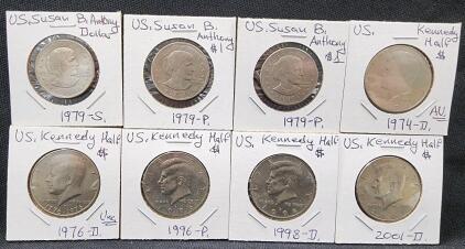 (1) 1979-S U.S. Susan B. Anthony Dollar Coin (2) 1979-P U.S. Susan B. Anthony Dollar Coin (1) 1974-D U.S. Kennedy Half Dollar Coin (1) 1976-D Uncirculated U.S. Kennedy Half Dollar Coin (1) 1996-P U.S. Kennedy Half Dollar Coin (1) 1998-D U.S. Kennedy Half 