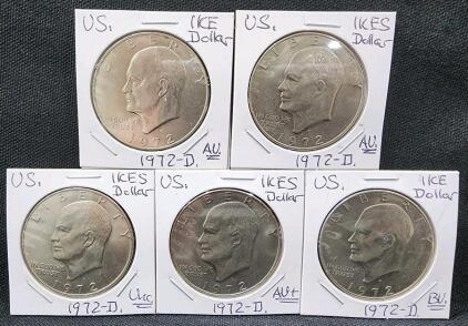 (2) 1972-D AU U.S. Eisenhower Dollar Coin (1) 1972-D Uncirculated U.S. Eisenhower Dollar Coin (1) 1972-D AU+ Eisenhower Dollar Coin (1) 1972-D BU U.S. Eisenhower Dollar Coin