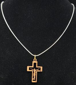 (1) Olive Wood Cross Handmade Jerusalem .925 Necklace