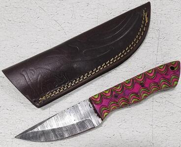 (1) Fixed Blade Damascus Steel Utility Knife With Wood Handle And Sheath