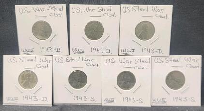 (4) 1943-D U.S. War Steel Cent Coins (3) 1943-S U.S. War Steel Cent Coins