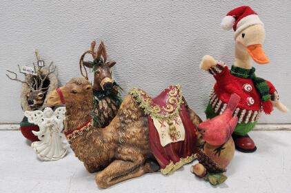 (1) Collectible Resin Nativity Camel Figurine (1) Festive Resin Cardinal Figurine (3) Assorted Festive Ornaments And More