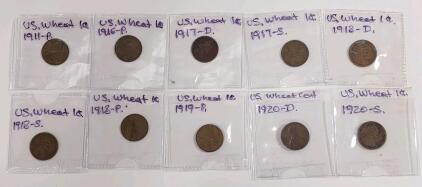 (1) 1911-P U.S. Wheat Penny Coin (1) 1916-P U.S. Wheat Penny Coin (1) 1917-D U.S. Wheat Penny Coin (1) 1917-S U.S. Wheat Penny Coin (1) 1918-D U.S. Wheat Penny Coin (1) 1918-S U.S. Wheat Penny Coin (1) 1918-P U.S. Wheat Penny Coin (1) 1919-P U.S. Wheat Pe