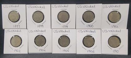 (10) 1897-1910 U.S. V Nickle Coins