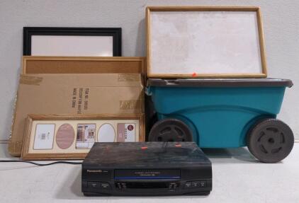 (1) Panasonic PV-9450 Omnivision 4-Head Hi-Fi Stereo VCR, (1) Suncast Portable Multipurpose Garden Scooter, & (5) Assorted Frames/Post Board/Whiteboard