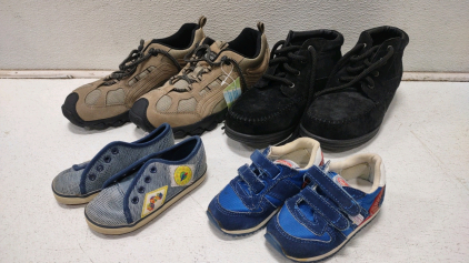 (1) A Pair of Playskool Denim Canvas Sneakers Featuring Patches of Blocks and a Clock, (1) A Pair of Vintage 1980s Fisher-Price Blue and Red Toddler Sneakers with Suede Accents, (1) A Pair of Faded Glory High 3 " and Up Women's Boots, & A Pair of Easy Spi