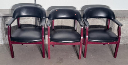 Set of 3 Black Leather Office Chairs with Wood Frame and Nailhead Trim
