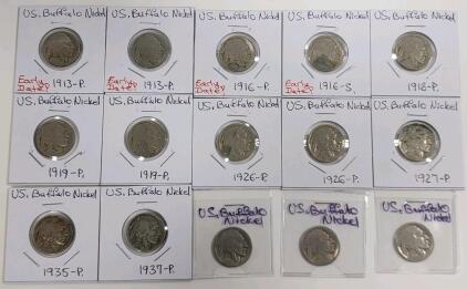 (2) 1913-P U.S. Buffalo Nickle Coin (1) 1916-P U.S. Buffalo Nickle Coin (1) 1916-S U.S. Buffalo Nickle Coin (1) 1918-P U.S. Buffalo Nickle Coin (2) 1919-P U.S. Buffalo Nickle Coin (2) 1926-P U.S. Buffalo Nickle Coin (1) 1927-P U.S. Buffalo Nickle Coin (1)