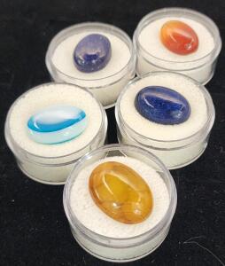 (5) Different Gemstones And Cabochons In Gem Jars