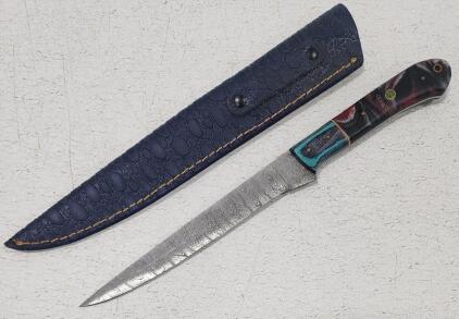 (1) Fixed Blade Damascus Steel Fillet Knife With Wood And Resin Handle And Sheath