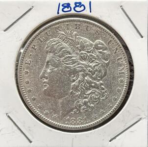 1881 Morgan Silver Dollar, No Mint Mark, 90% Silver, One Dollar Coin