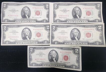 (1) 1953-B Series United States Two Dollar Red Seal Legal Tender Notes (3) 1963 Series United States Two Dollar Red Seal Legal Tender Notes (1) 1953-C Series United States Two Dollar Red Seal Legal Tender Notes