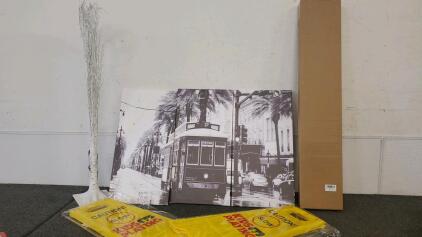 (2) 4 ft Lighted Birch Trees (2) Kids Playing Caution Signs And Black And White 3 Panel Canvas