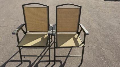 Pair of Metal Frame Mesh Outdoor Patio Chairs, Tan/Black, Stackable, Weather-Resistant