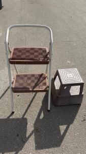 Two-Step Folding Steel Step Stool with Handrail, Brown Plastic Treads, 225 lb Capacity