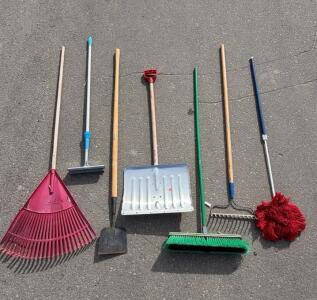 Assorted Yard, Garden & Cleaning Tools Lot &ndash; Rake, Snow Shovel, Broom, Mop, Scraper &ndash; 7 Pieces