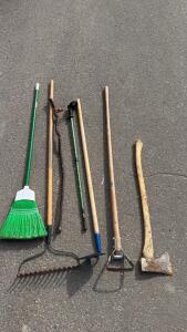 Assorted Yard, Garden & Cleaning Tools Lot &ndash; Rake, Weeding Hoe Shovel, Broom, Walking Stick, Scraper &ndash; 7 Pieces
